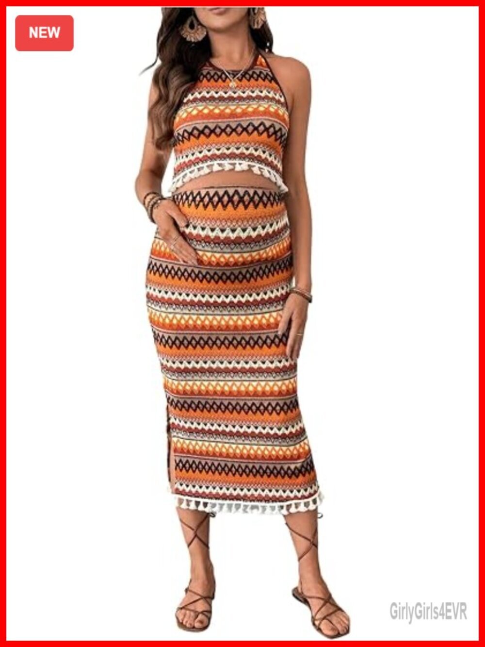 2-Piece Maternity Outfit Chevron Halter Top Slit Skirt